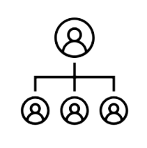 a graphic design image of a simple org chart with a person symbol at the top and three person symbols below