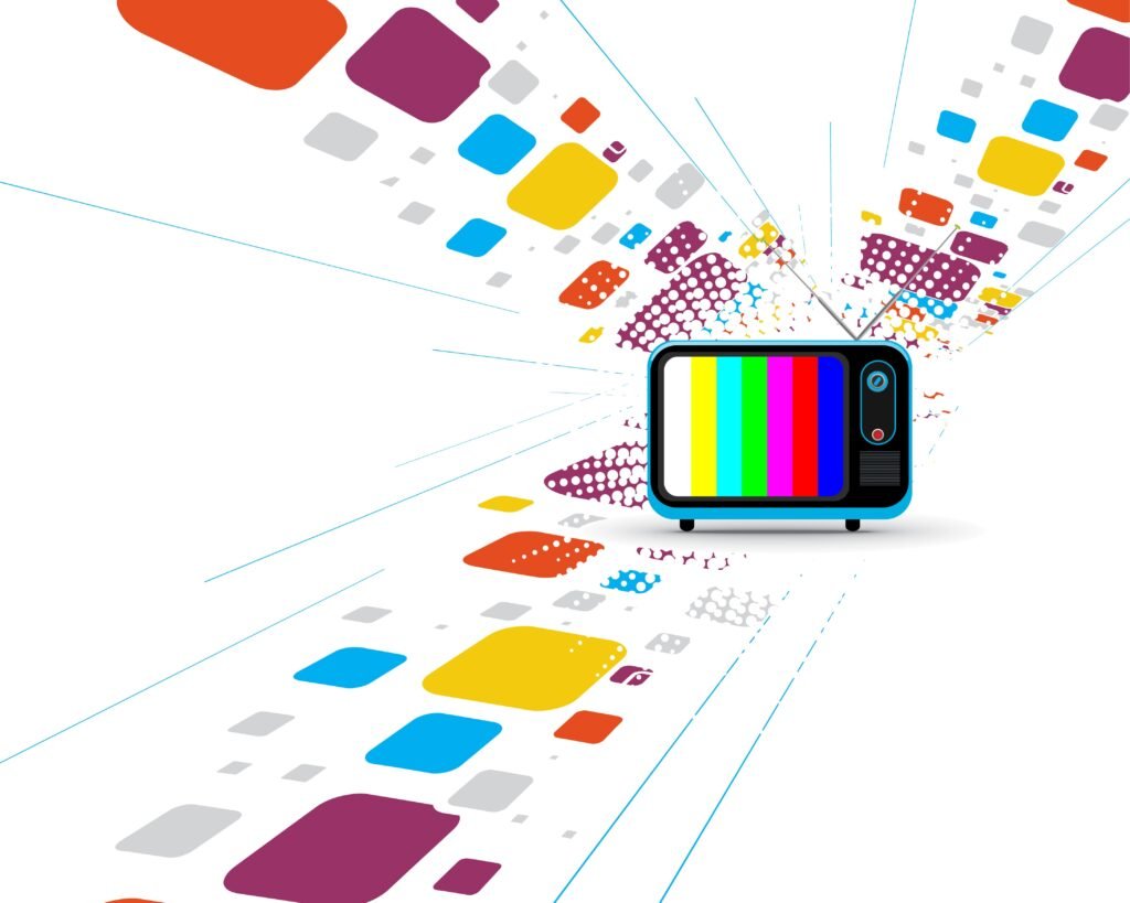 A television with colorful squares resembling tv channels coming out of the screen