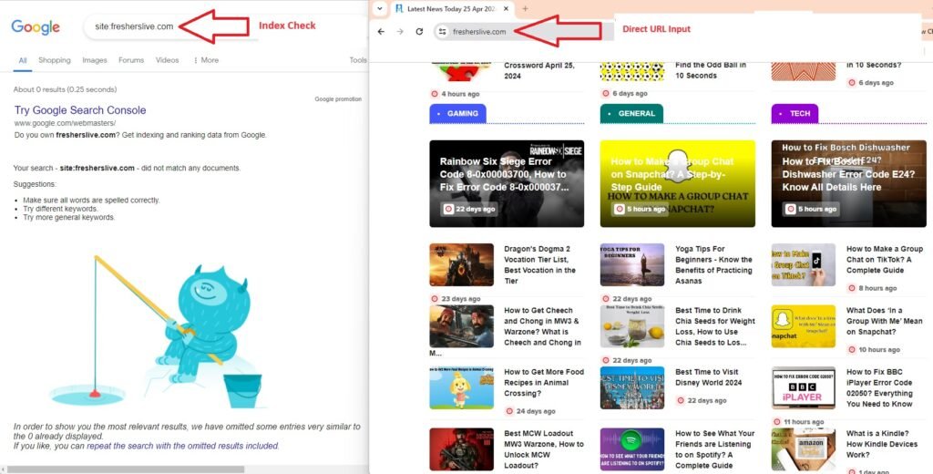 A screenshot showing the Google search result page with the query "site:fresherslive.com" and a red arrow pointing to an empty search bar. The page displays a blue cartoon character fishing with a "No results" message, along with suggestions to correct spelling or try different keywords. On the right side of the screen, there are multiple website tabs open with headlines about gaming, tech news, and various tips.