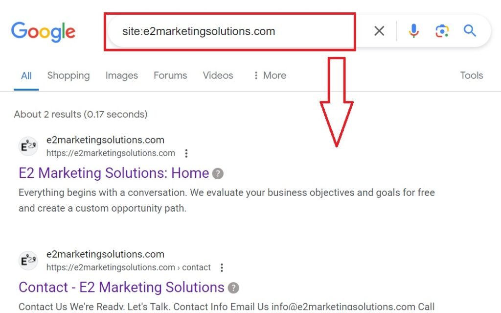 Screenshot of a Google search result page with a search query for "site:e2marketingsolutions.com" showing two results from the same website, one for 'E2 Marketing Solutions: Home' and one for 'Contact - E2 Marketing Solutions'.